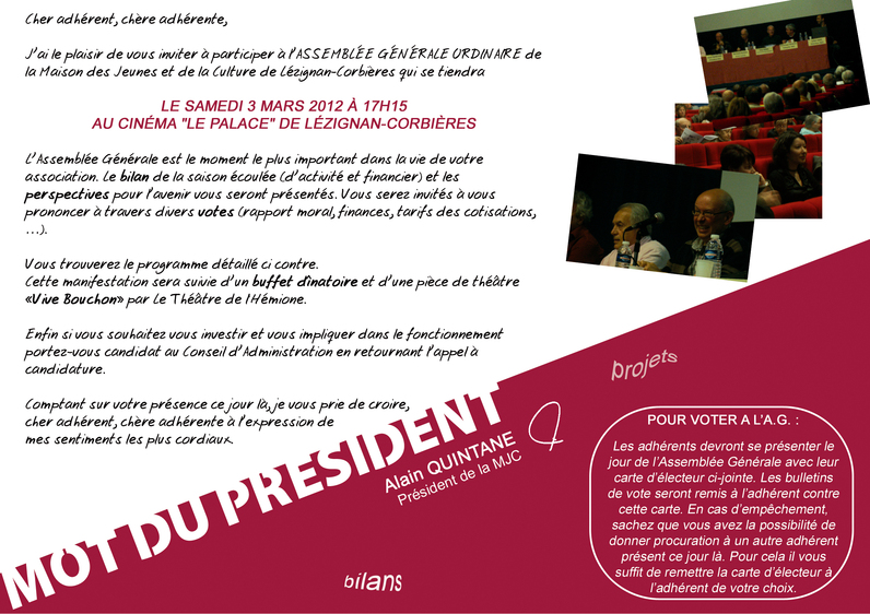 Samedi 3 Mars > Assemblée Générale de la MJC Samedi 3 Mars > Assemblée Générale de la MJC