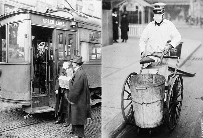 6.À gauche : Pendant l’épidémie de grippe espagnole, personne ne pouvait monter dans les tramways de Seattle sans porter un masque / À droite :Balayeur des rues à New York. 6.À gauche : Pendant l’épidémie de grippe espagnole, personne ne pouvait monter dans les tramways de Seattle sans porter un masque / À droite :Balayeur des rues à New York.