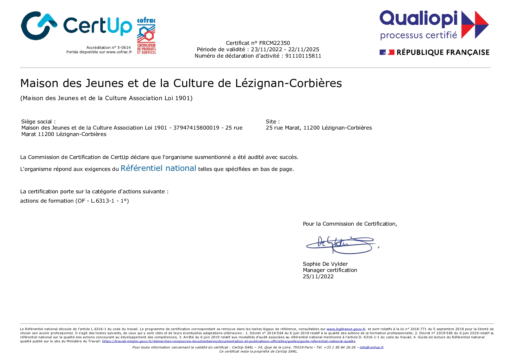 Attestation certification QUALIOPI Attestation certification QUALIOPI
